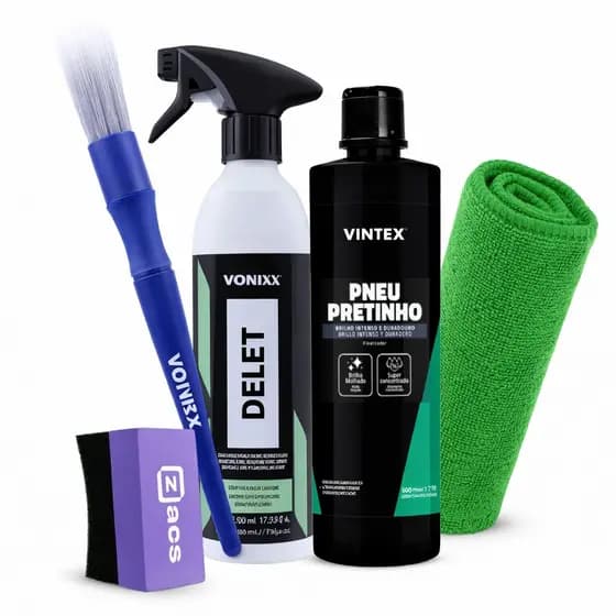Kit Revitalizador e Limpador Pneu Pretinho Vintex + Delet Vonixx + Pincel + Aplicador