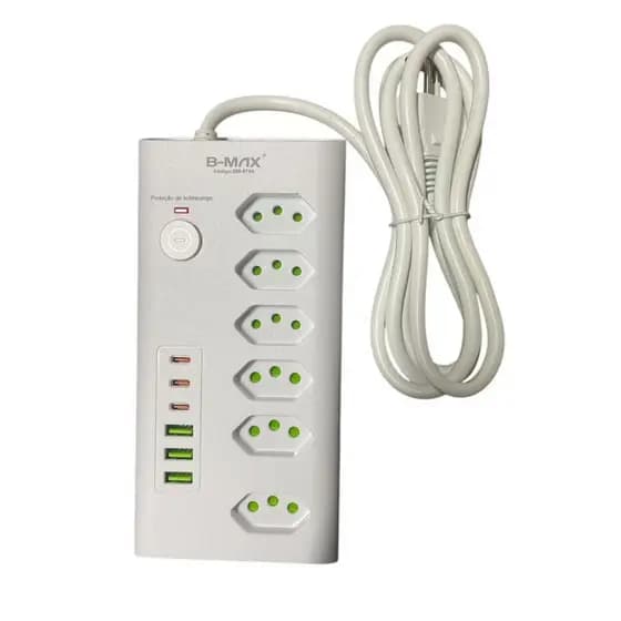 Filtro de Linha 6 Tomadas(10A/16A) Com 3 Entrada USB e 3 Tipo-C 2M