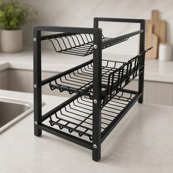 Escorredor de Pratos Triplo Gourmet Preto com Porta Talheres e Copos Premium Cozinha Pia Area de Lazer Klicmix