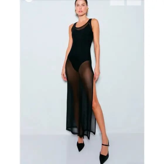 Saida de praia Vestido Longo Em tule Regata Elegante Liso