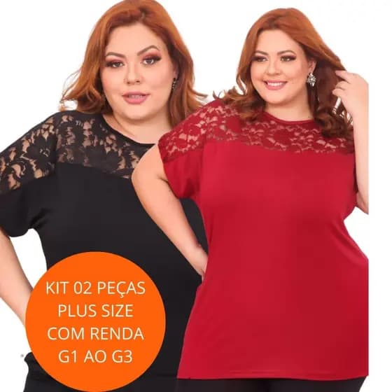 Kit 2 Blusas Plus Size Elegante Com Renda Feminina Viscolycra Premium