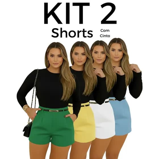 Kit Dois Short Alfaiataria da Copa Com Cinto Feminino Com Bolso Com Zíper Na Lateral