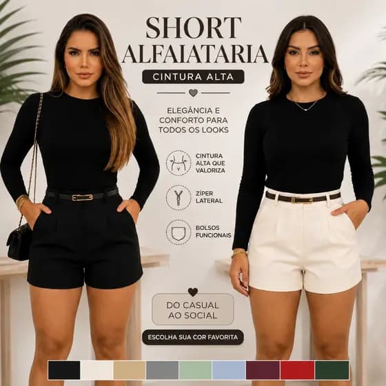 Short Alfaiataria Feminino Cintura Alta Social Com Cinto Elegante Premium
