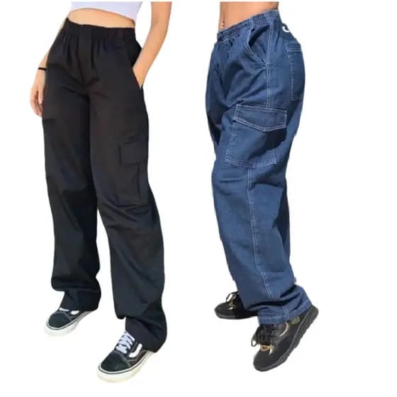 kit 2 ou uma Calça Cargo Feminina Feminino Bolso Lateral Jeans E Sarja