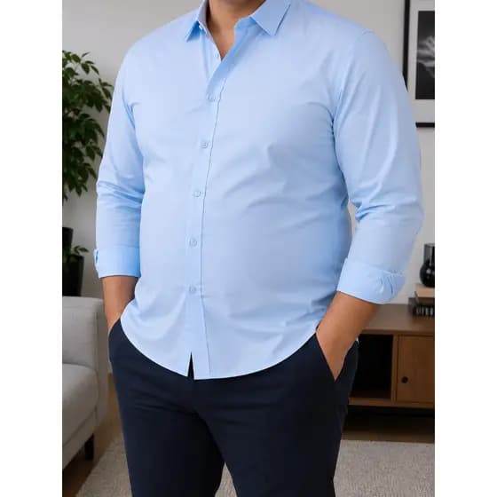 Camisa Masculina Plus Size Slim Fit Manga Longa Lisa Sem Bolso Social e Casual Confortável e Versátil