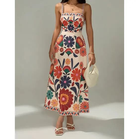Vestido Sem Mangas com Cintura Amassada para Mulheres: Modelo Casual de Estampa Floral para Férias