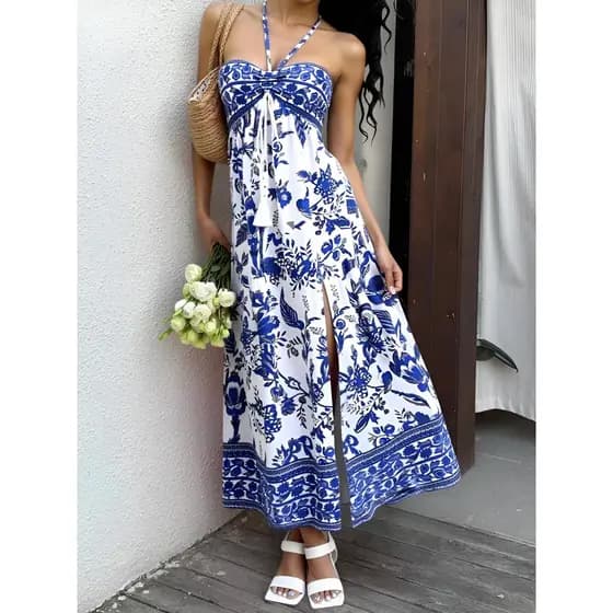 Vestido de Praia Estilo Boêmio, Vestido Longo de Verão com Alça Fina Luxuoso para Férias, Roupa Maxi para Mulheres
