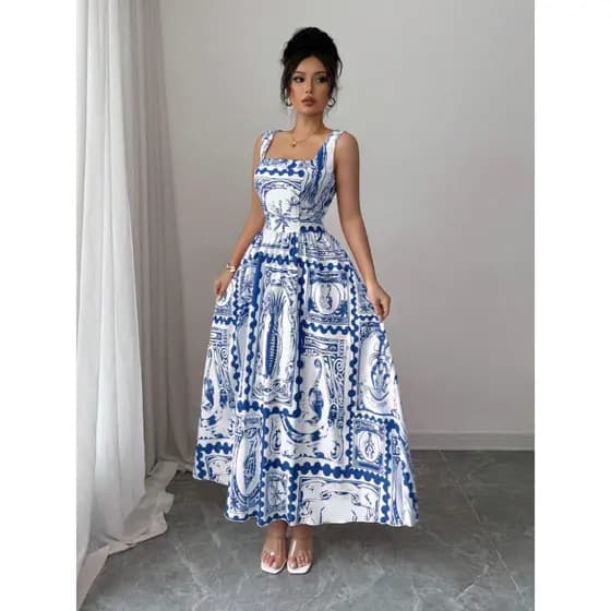 Vestido Casual de Férias Elegante Feminino com Estampa Floral, Alças Finas e Cintura Franzida até o Chão (Padrão Floral