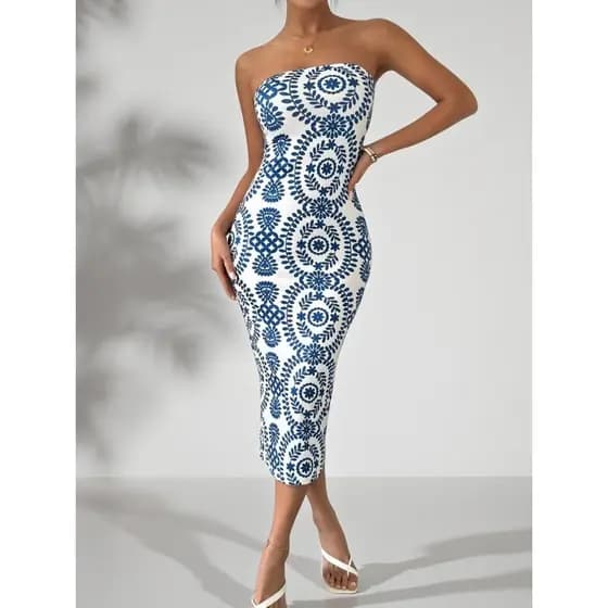 Vestido Casual De Verão Strapless Bodycon Com Estampa