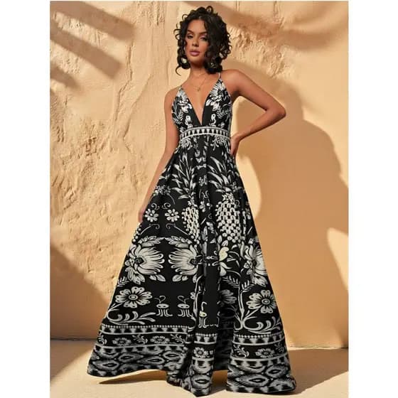 Holiday Woven Printed V-Neck Empire Waist Dress For Women