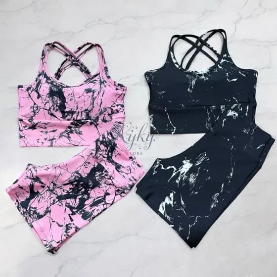 Kit 2 Conjuntos Fitness Feminino Top Shorts Tie Dye Marmorizado Degrade Fitness Corrida Beach Tennis