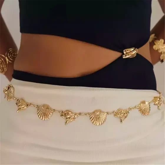 Cinto Corrente De Vintage Feminino Com Decoração De Concha Metálica