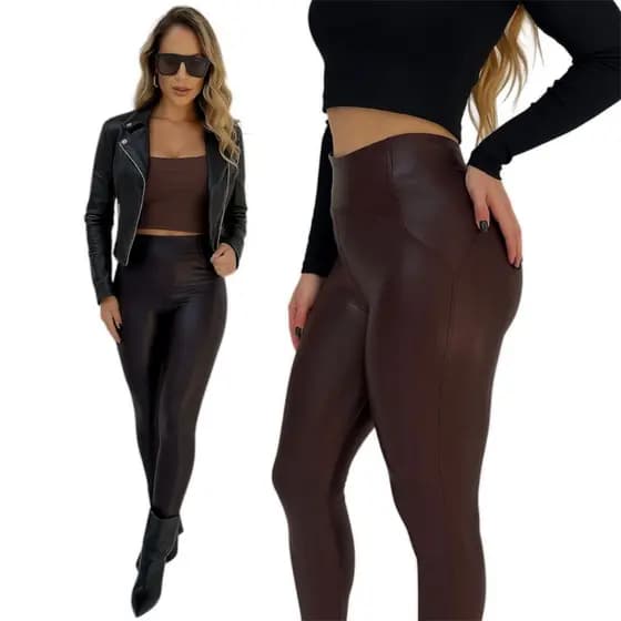 Calça Legging Cirré Feminina Cintura Alta Brilho Tipo Couro Conforto e Estilo