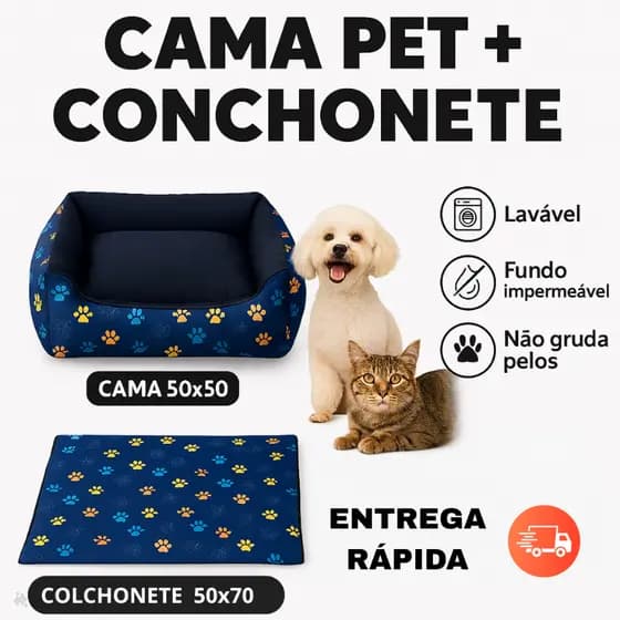 Kit Caminha + Colchonete Pet Azul 50x70cm Lavável e Macio Não Gruda Pelos Ideal Cães e Gato Pequeno