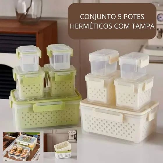 Conjunto Kit 5 Potes Herméticos Plático com Tampa e Cesto organizadores Geladeira - Sortida