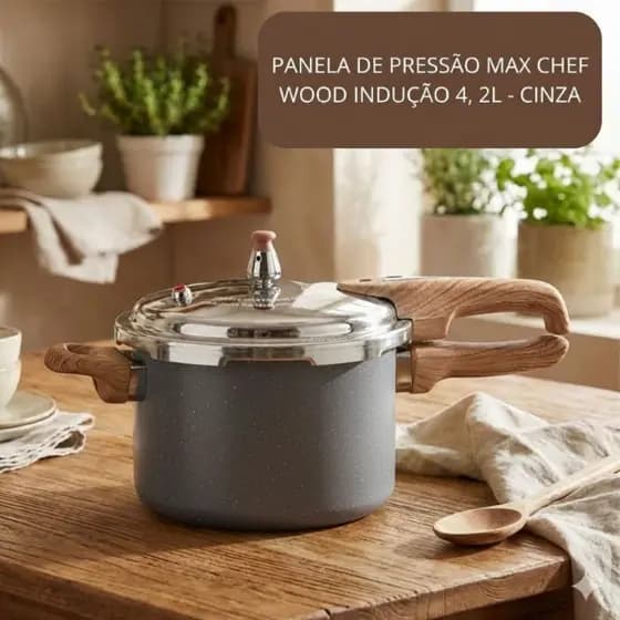 Panela de Pressão Max Chef Wood Indução 4,2L Cozimento Rápido Revertimento Cerâmica - Cinza