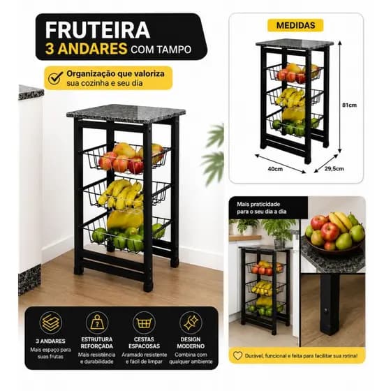 Fruteira Chão Cozinha Multiuso Tampo Pedra Granito Mármore