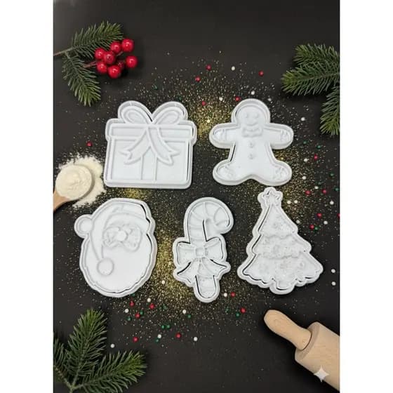Kit Cortadores e Carimbos de Natal (5 Peças) - Para Biscoitos e Pasta Americana