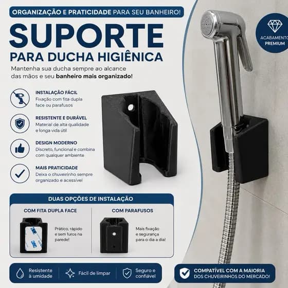 Suporte para Chuveirinho de Ducha Higiênica – Fixação com Fita Dupla Face ou Parafusos