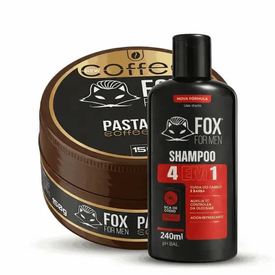 Kit Shampoo Masculino 4 em 1 + Pomada Modeladora | Cabelo & Barba | Fox Coffee