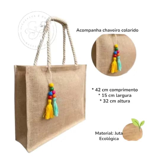 Bolsa de praia de palha de juta feminina com chaveiro Sacola Ecobag.