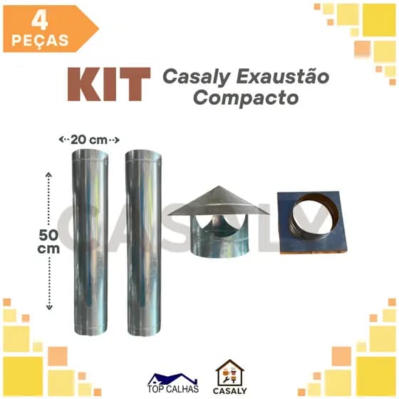 Kit Casaly Compacto Chaminé Coifa | 2 Dutos 50cm Chapéu Adaptador | Diâm: 20cm