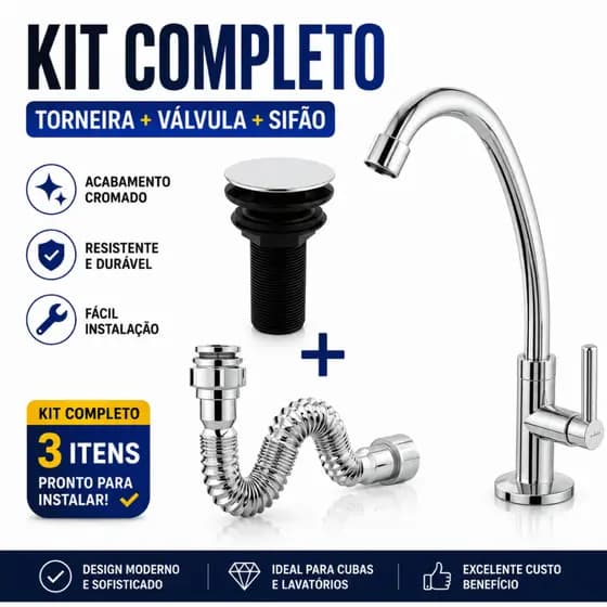 Torneira Alta Banheiro Cromada Kit Completo Com Sifão E Válvula 7/8 Para Lavatório Pia Moderna ABS