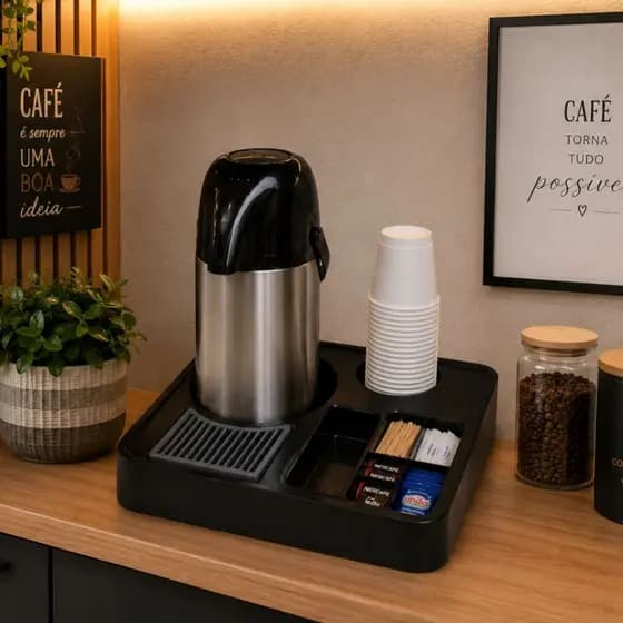 Kit Cantinho do Café Garrafa Térmica Inox 1L + Bandeja Organizadora Sachês Cozinha Escritório e Chás