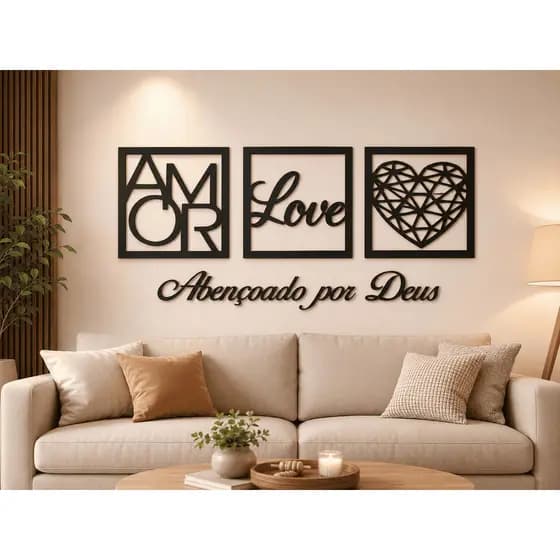 Kit Decorativo Mãe Love Coração E Frase Abençoado Por Deus MDF Preto 3mm Para Quarto Sala Parede Moderno