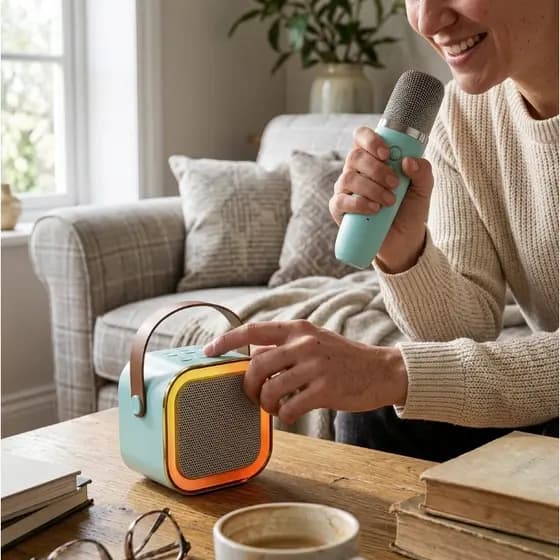 Kit Karaokê K12 Caixa de Som Bluetooth com 2 Microfones Sem Fio e Efeitos de Voz Atlas
