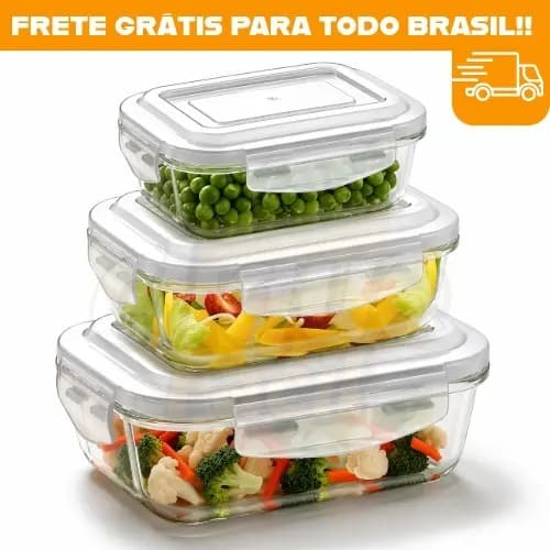 Kit 3 Potes de Vidro Hermético com Tampa Trava BPA Free Marmita Vidro Resistente