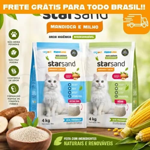 Areia Para Gatos Biodegradável 2Kg a 4kg Mandioca e Milho Controle de Odor Torrão Firme