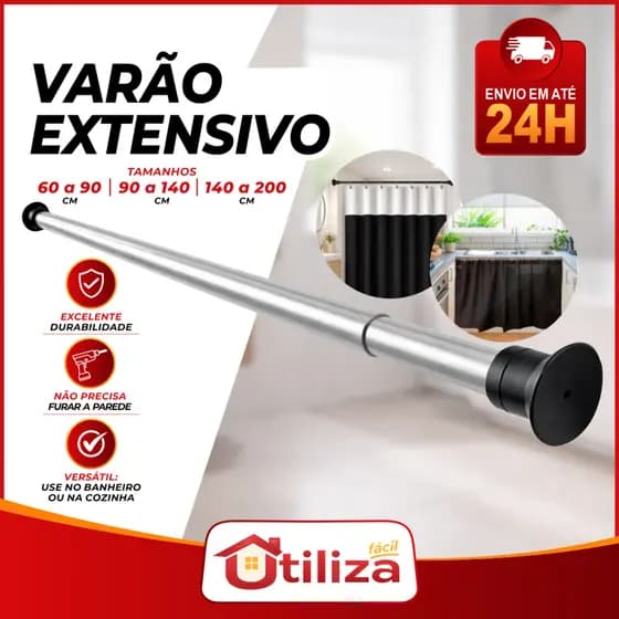 Varão Extensível Ajustável 60 a 90cm, 90 a 1,40m e 1,20 a 2m - Cortina Box e Cabides