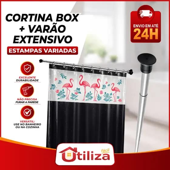 Kit Cortina Box Banheiro Varias Cores + Suporte Varão Extensivel em ALUMINIO Ajustavel 60cm a 2,0m