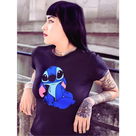 Camiseta Feminina Blusinha T-Shirt 100% Algodão Stitch Passeio Balada Diversão