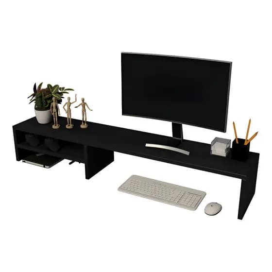 Suporte Para Monitor e Notebook Base Tríplex Madeira Elevatória Cor Preta P/ Gamer Escritório Quarto