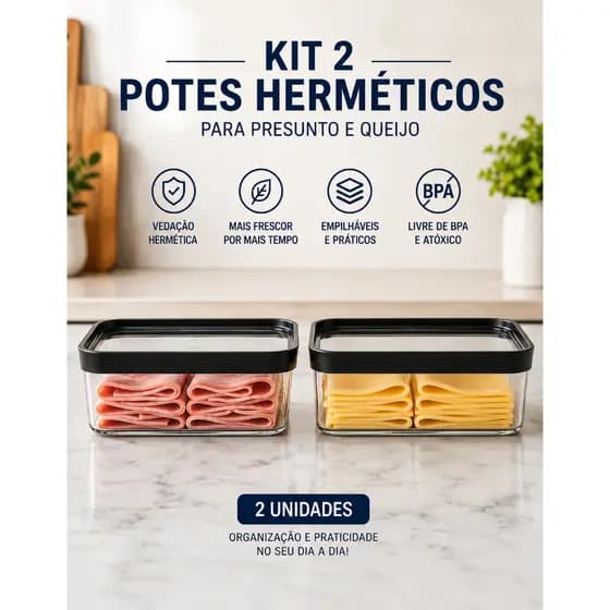 Kit Com 2 Potes Para Frios Transparente Fechamento Hermético De Frios e Alimentos Geladeira Armários