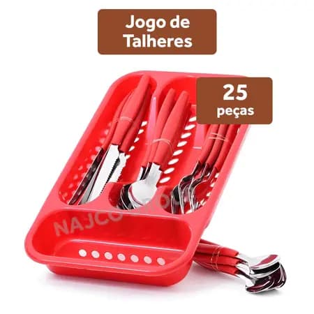 Jogo Talheres 25 Peças Aço Inox com Cabos Plásticos Conjunto Com Faca Garfo Colher