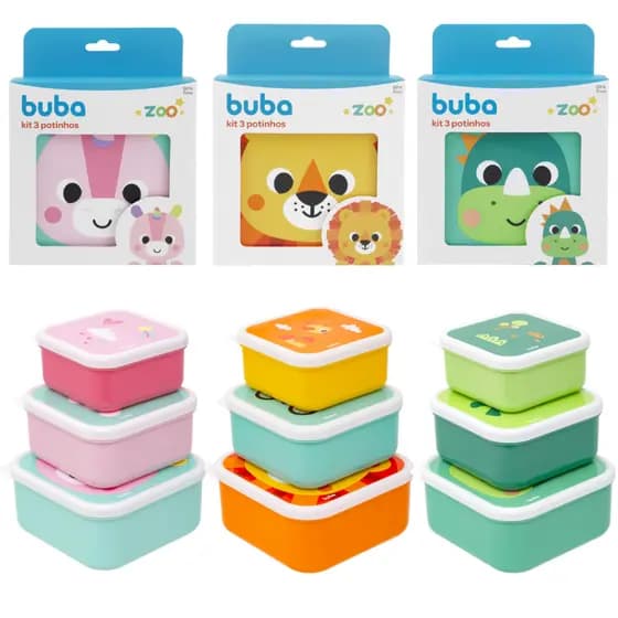Kit 3 Potinhos Buba Zoo Infantil | Potes Para Lancheira, Frutas e Papinha, Livre de BPA