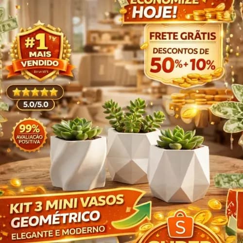 Kit 3 Vasos Decorativos Geométricos 3D Minimalista | Vasinho Suculenta Moderno Decoração Sala
