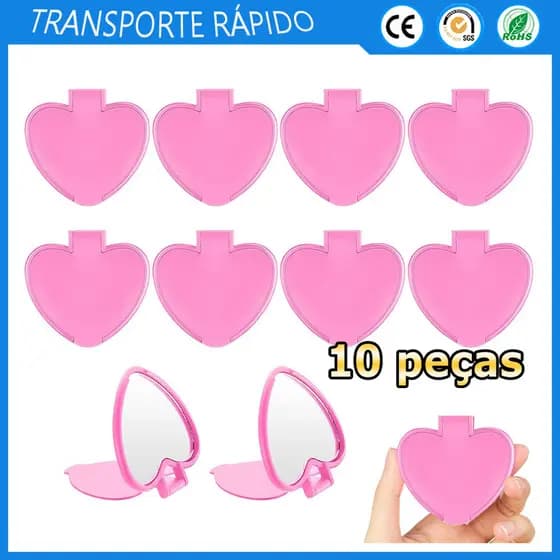 Kit 10 Rosa Mini espelho dobrável em formato de coração espelho portátil espelho de maquiagem de viagem espelho de bolso