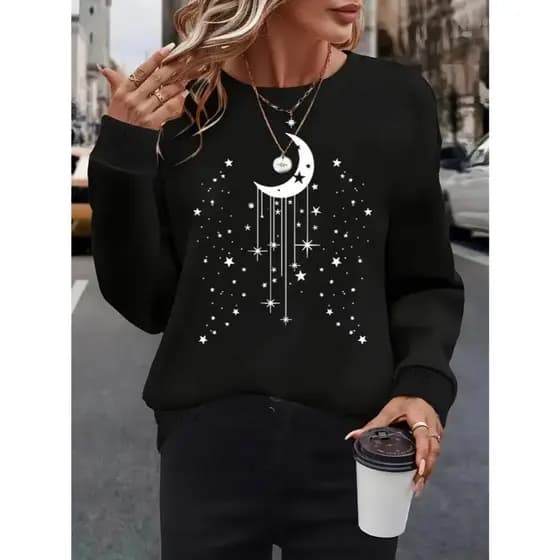 Moletom Feminino Plus Size Gola Careca Preto - " Lua com Estrelinhas" Ref 1524-PT !