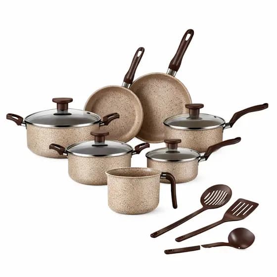 Jogo De Panelas 10 Peças Antiaderente Conjunto Caçarola Frigideira Fervedor Cor Coffee Cappuccino Kit Talheres