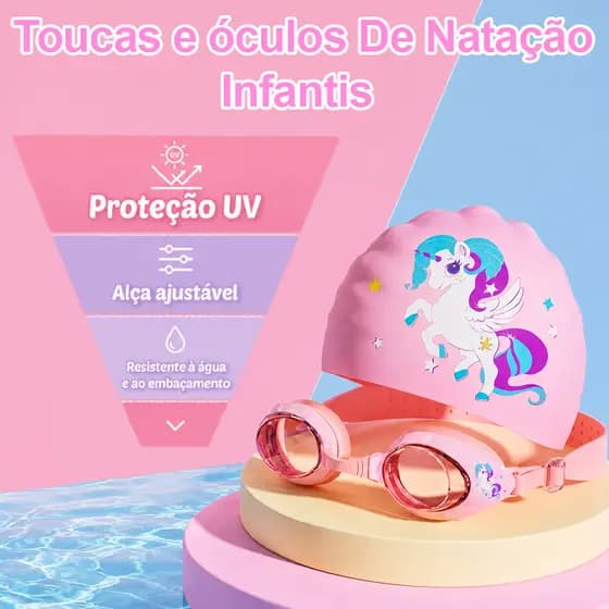 Kit Natação Infantil: Óculos de Proteção Transparente + Touca de Desenho - Ajustável, Antifog, Proteção UV, 3+ Anos