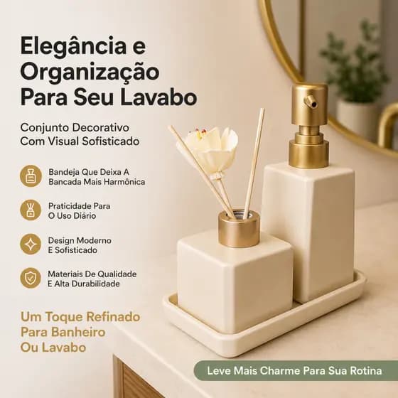 KIT LUXO PARA BANHEIRO 3 PEÇAS BEGE COM DOURADO | PORTA SABONETE + DIFUSOR + BANDEJA DECORATIVA