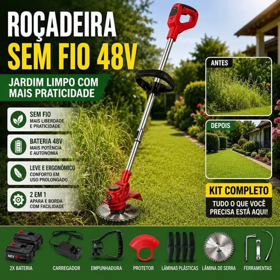 Roçadeira Sem Fio 48V Com 2 Baterias Aparador de Grama Para Jardim Quintal e Gramado