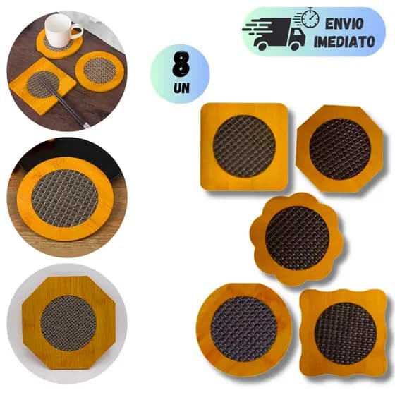 KIT DESCANSO DE PANELA E COPOS MDF 14,5CM PROTETOR DE MESA PARA DECORAÇÃO DE COZINHA