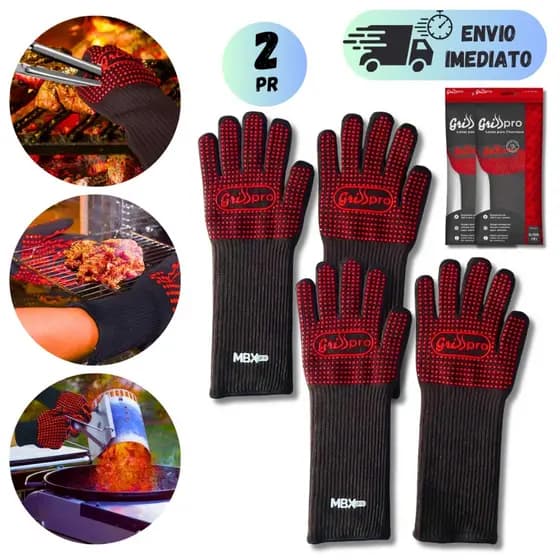 KIT 2 OU 1 PARES LUVA TÉRMICA LONGA PARA CHURRASCO SUPORTA 250°C RESISTENTE A ALTA TEMPERATURA ANTIDERRAPANTE