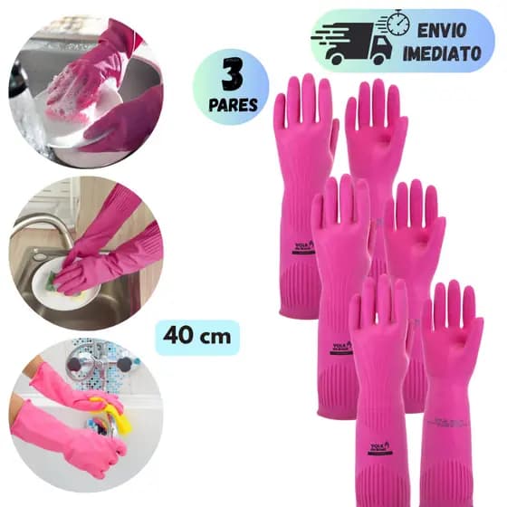 KIT PARES LUVA LÁTEX RANHURADA ROSA PARA LAVAR LOUÇA LIMPEZA IMPERMEÁVEL ANTIDERRAPANTE QUÍMICA