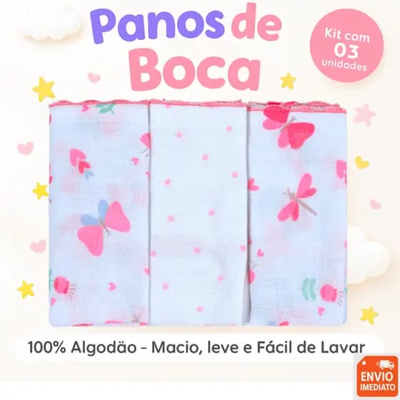 Kit 03 Fraldas Panos de Boca Babetes Algodão Bebê Grande 34x40